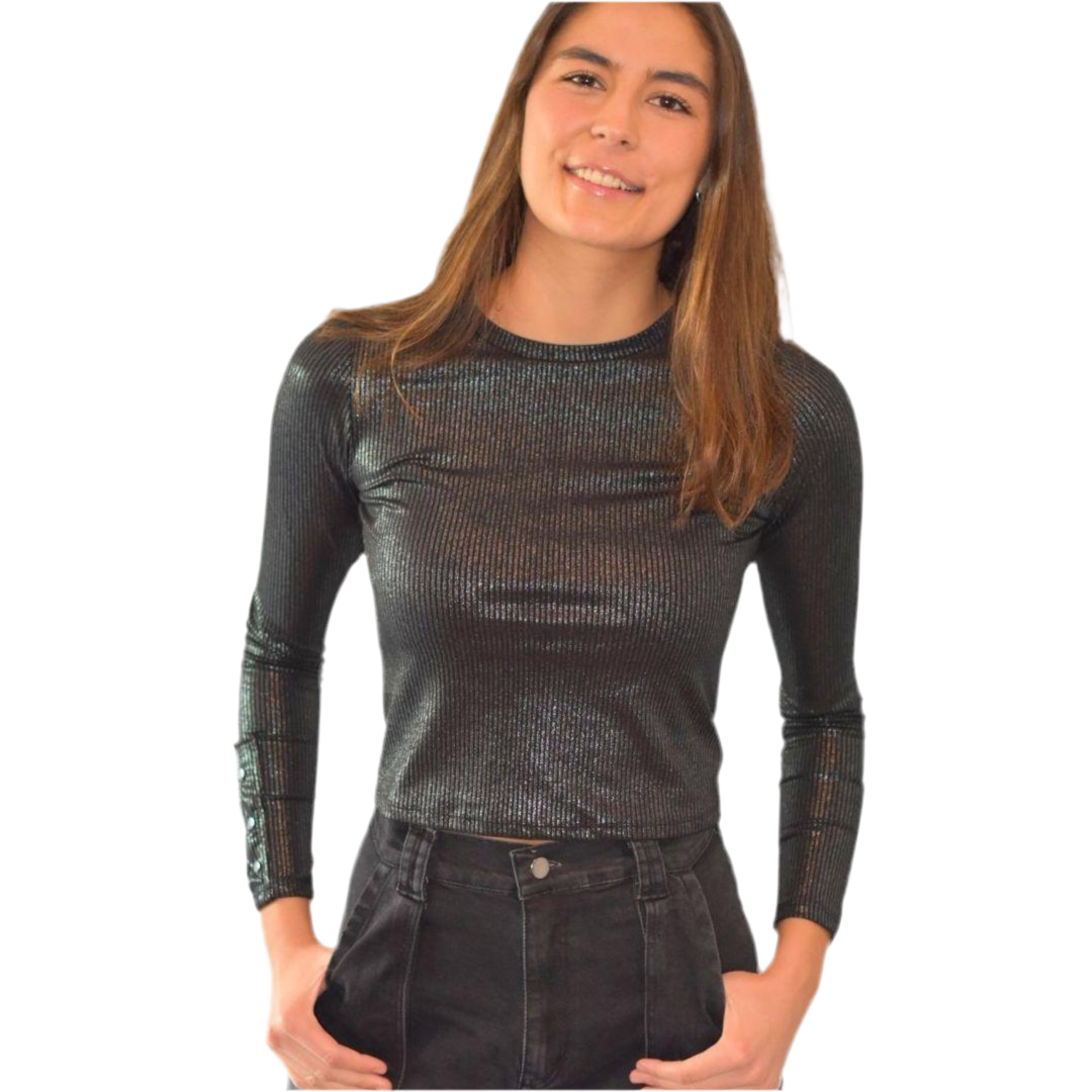 Polera Gris Metálica Brillante con Broches | Eugenia - MQM
