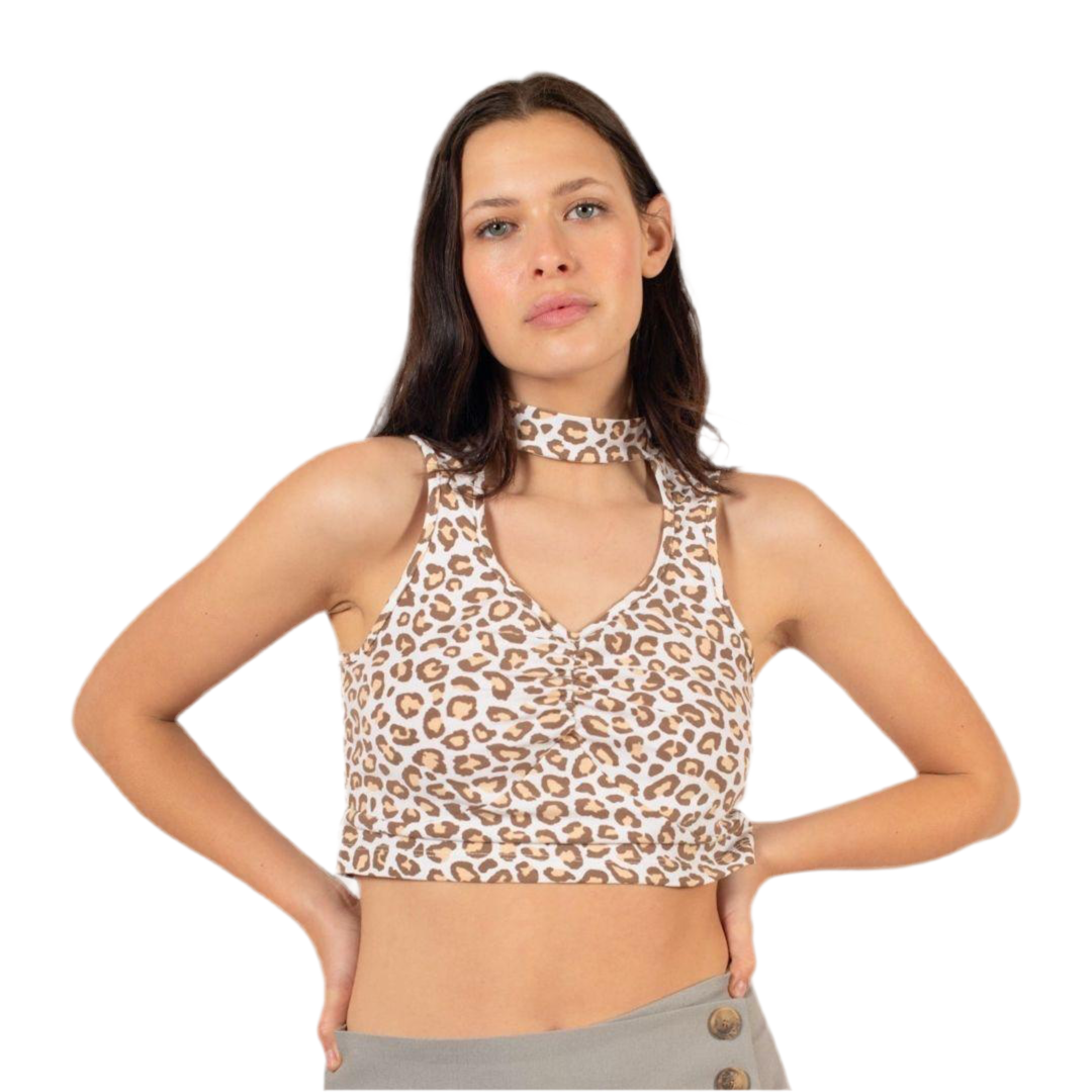 Crop Top Beige Animal Print con Choker | MQM