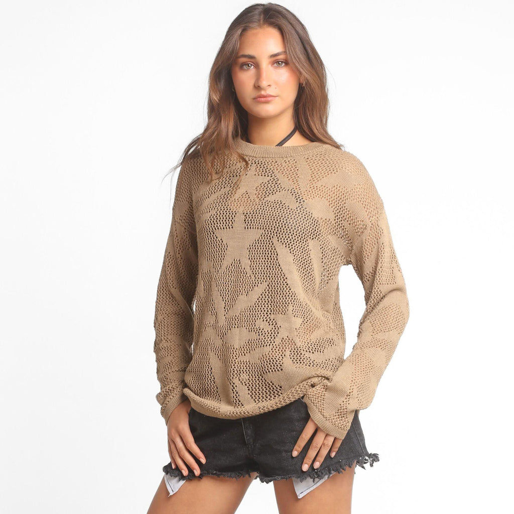 Sweater Mujer Café Tejido Calado con Estrellas Oversize | Henne - MQM