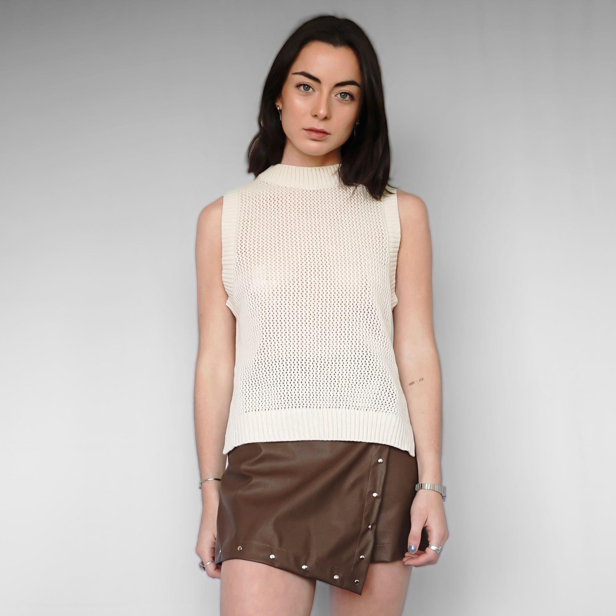 Sweater Blanco Crudo Sin Mangas Tejido Calado | Oslo - MQM