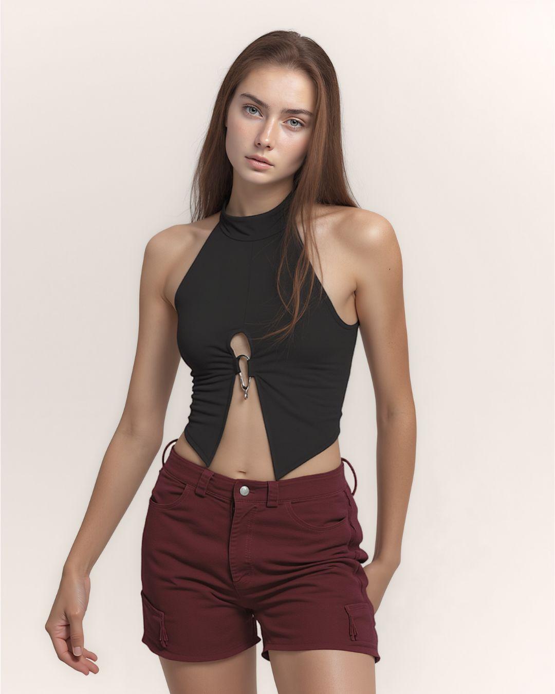 Crop Top Negro Corte Halter con Broche Frontal | Nápoles - MQM