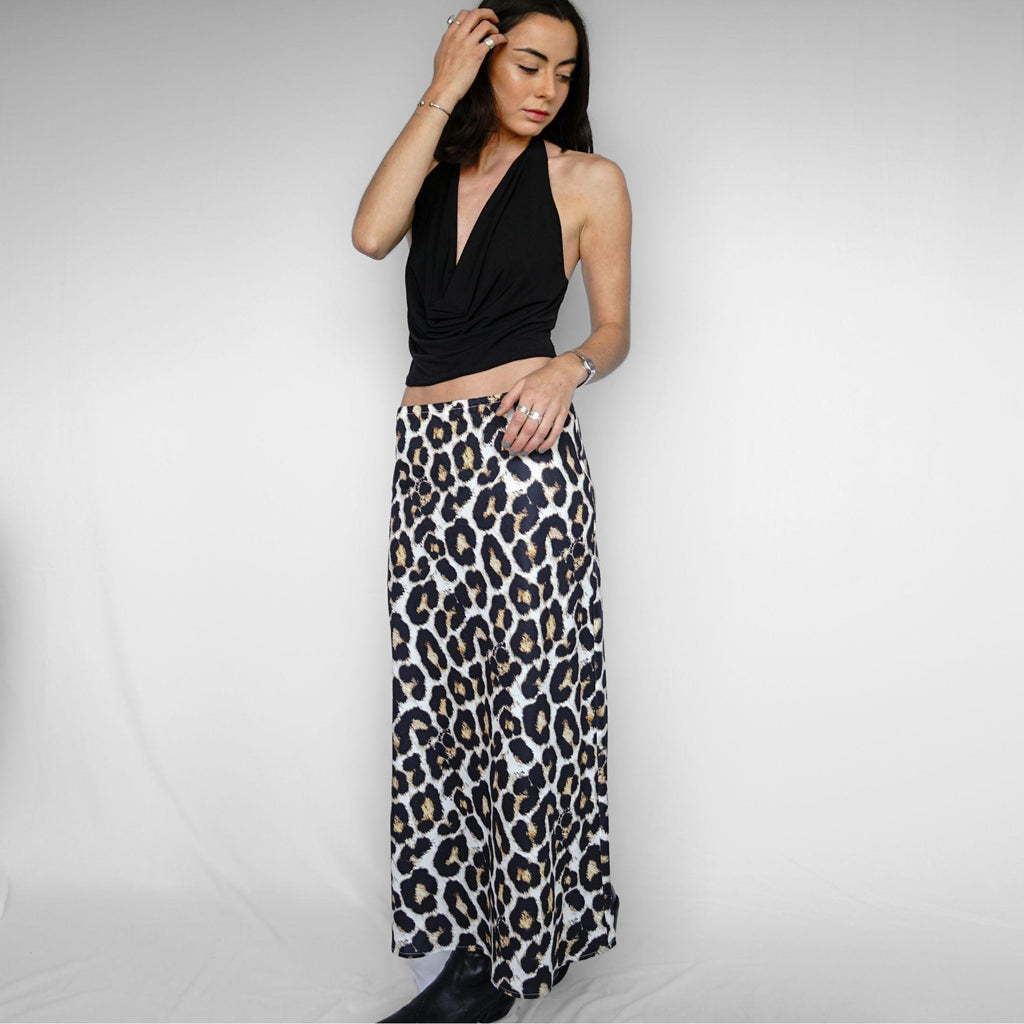Falda Maxi Mujer Leopardo Satinada Tiro Bajo | Hortensia - MQM