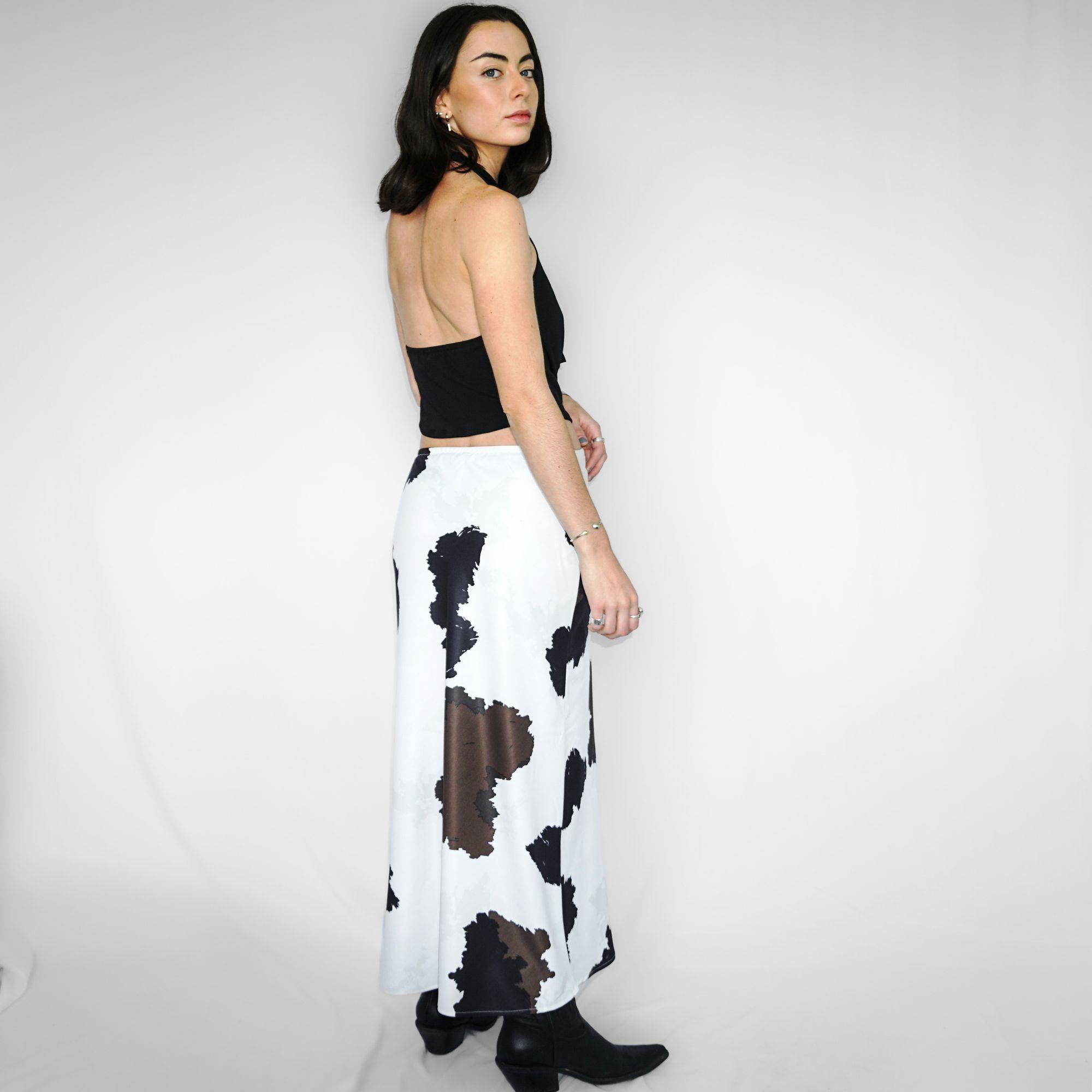 Falda Mujer Maxi Vaca Satinada Tiro Bajo Café Negro | Hortensia - MQM