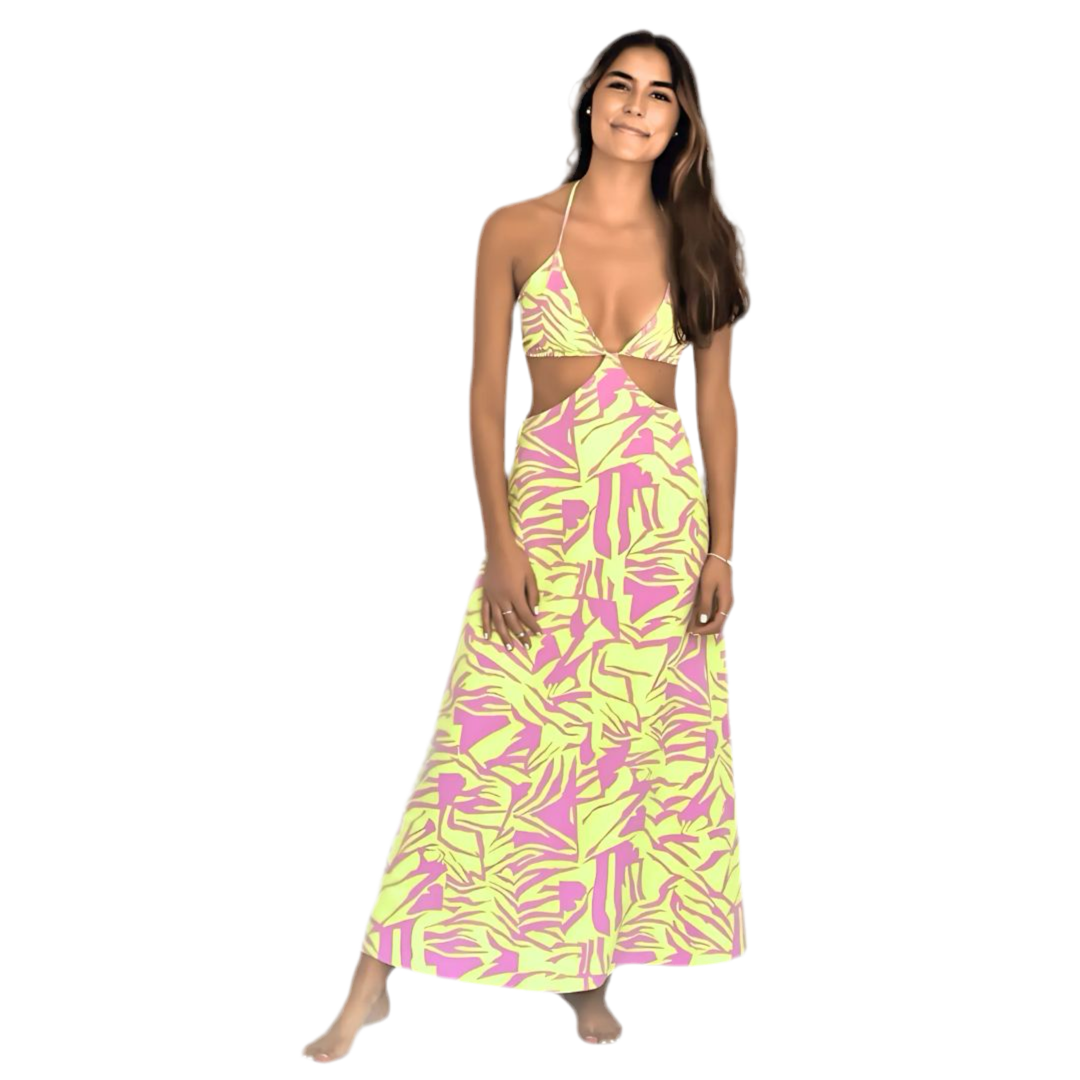 Vestido Maxi Amarillo y Fucsia con Espalda Descubierta | MQM