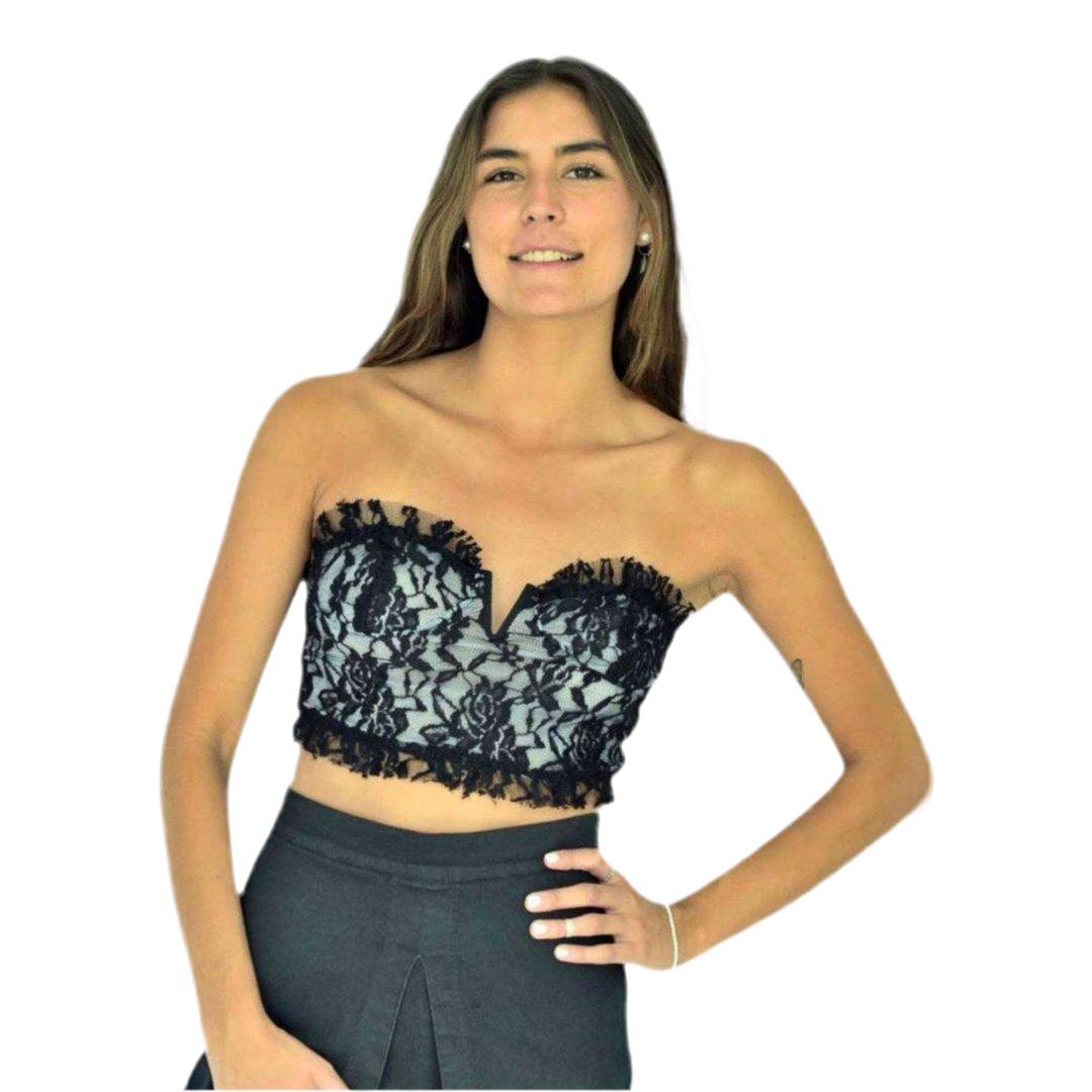 Corset Lencero Negro con Encaje Gris y Escote Corazón | MQM