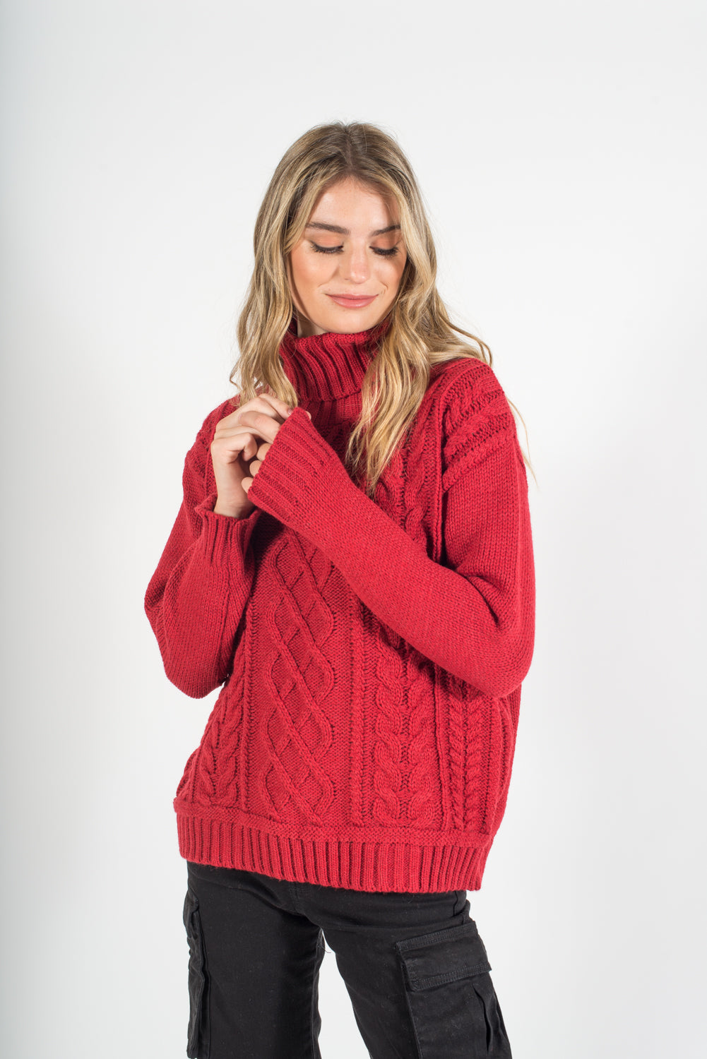 Sweater Mujer Rojo Tejido con trenzas delanteras | BESTS- MQM