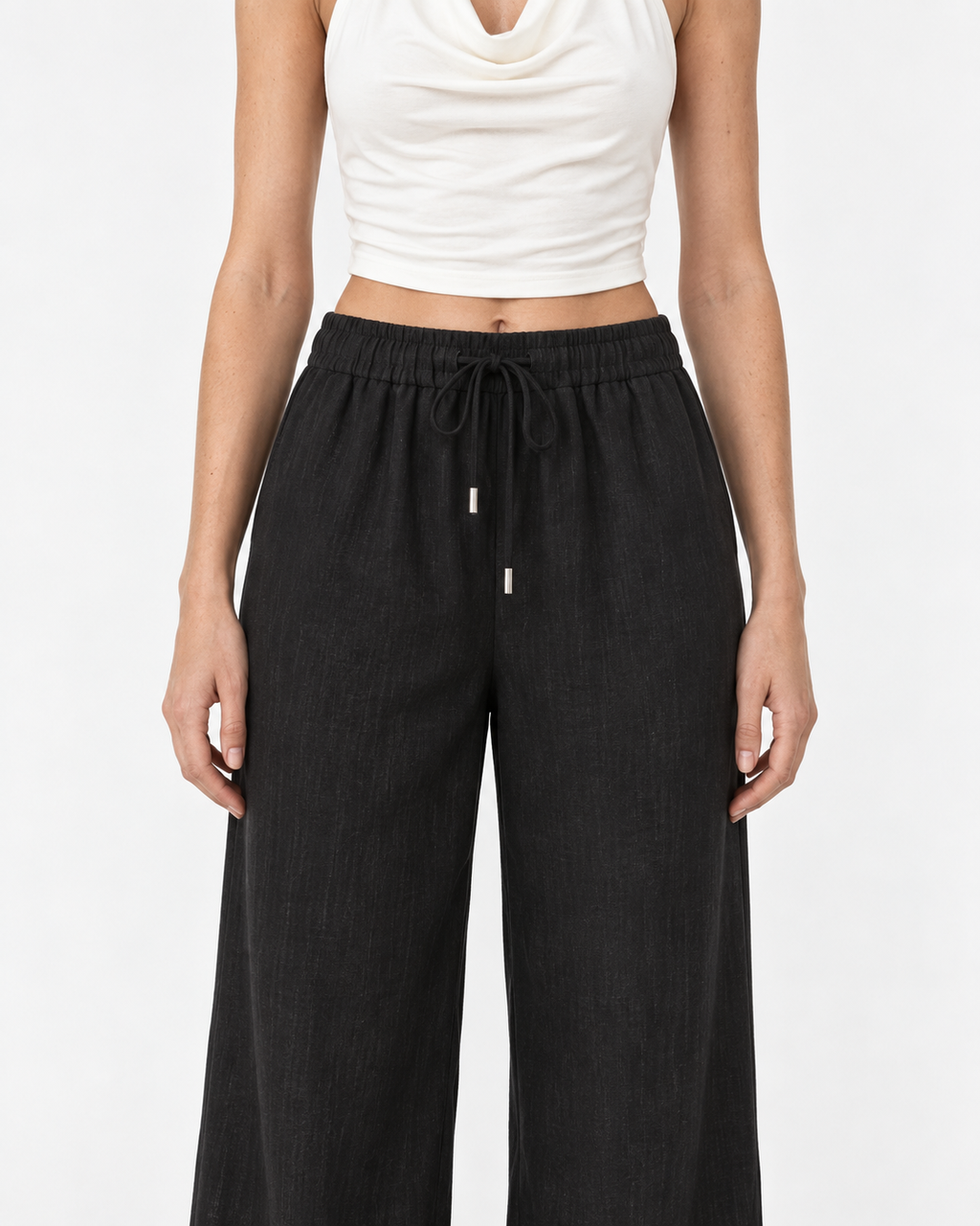 Pantalón de lino negro Amapola, detalle frontal