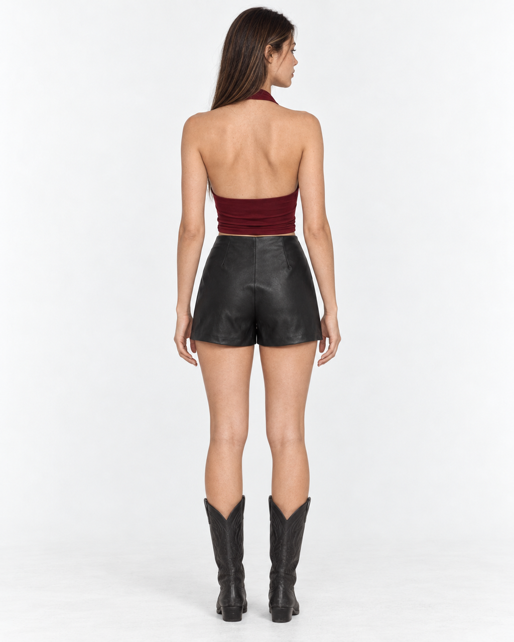 Falda short de cuero negro tiro alto Berlín, espalda