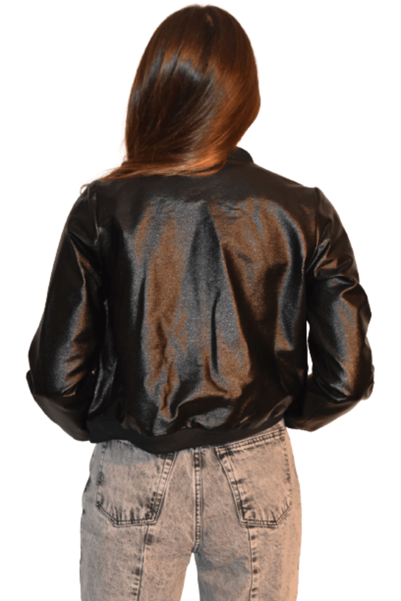 Chaqueta negra Bling en cuero sintético, con bolsillos y pretina elasticada, perfecta para un estilo versátil y favorecedor