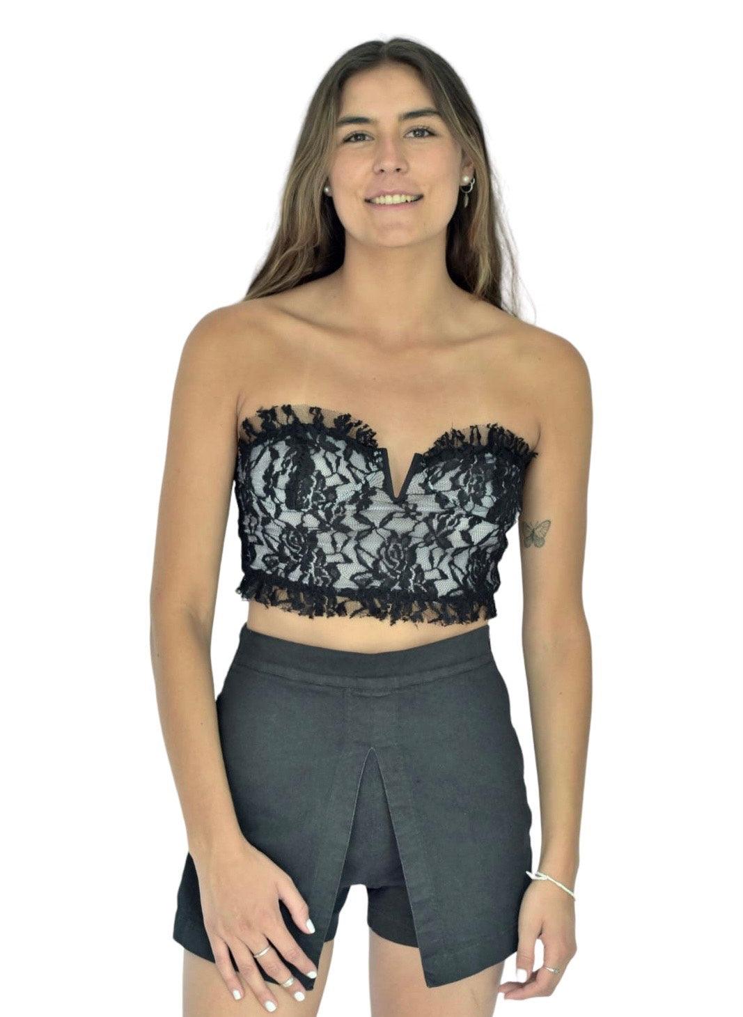 Corset en negro y gris perla, con pieza metálica en forma de V y delicado encaje, perfecto para un estilo refinado en moda mujer