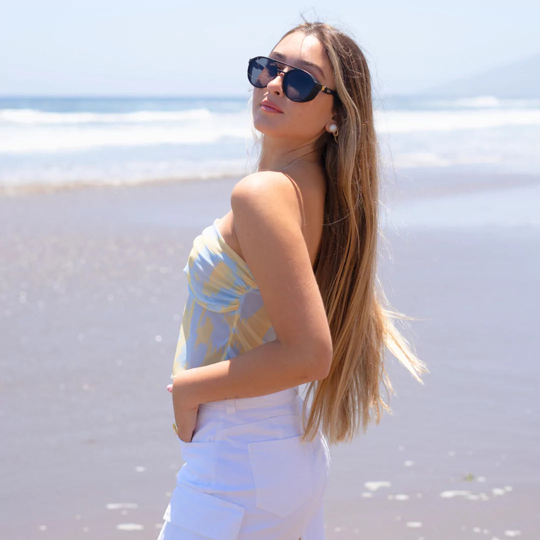 Crop Top Asimétrico Estampado Celeste y Amarillo | Dalia - MQM