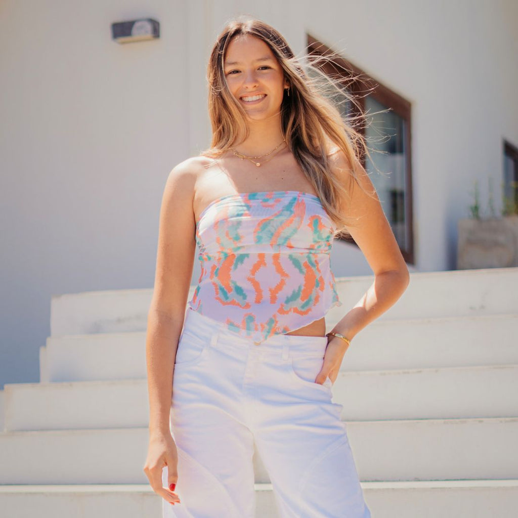 Crop Top Asimétrico con Estampado Verde y Naranjo | Dalia - MQM