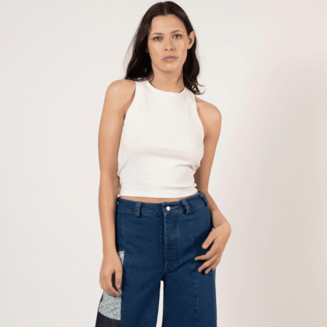 Jeans Patchwork estilo flare con cintura alta, hecho en Chile con telas de alta calidad de Estados Unidos, ideal para un look auténtico y único