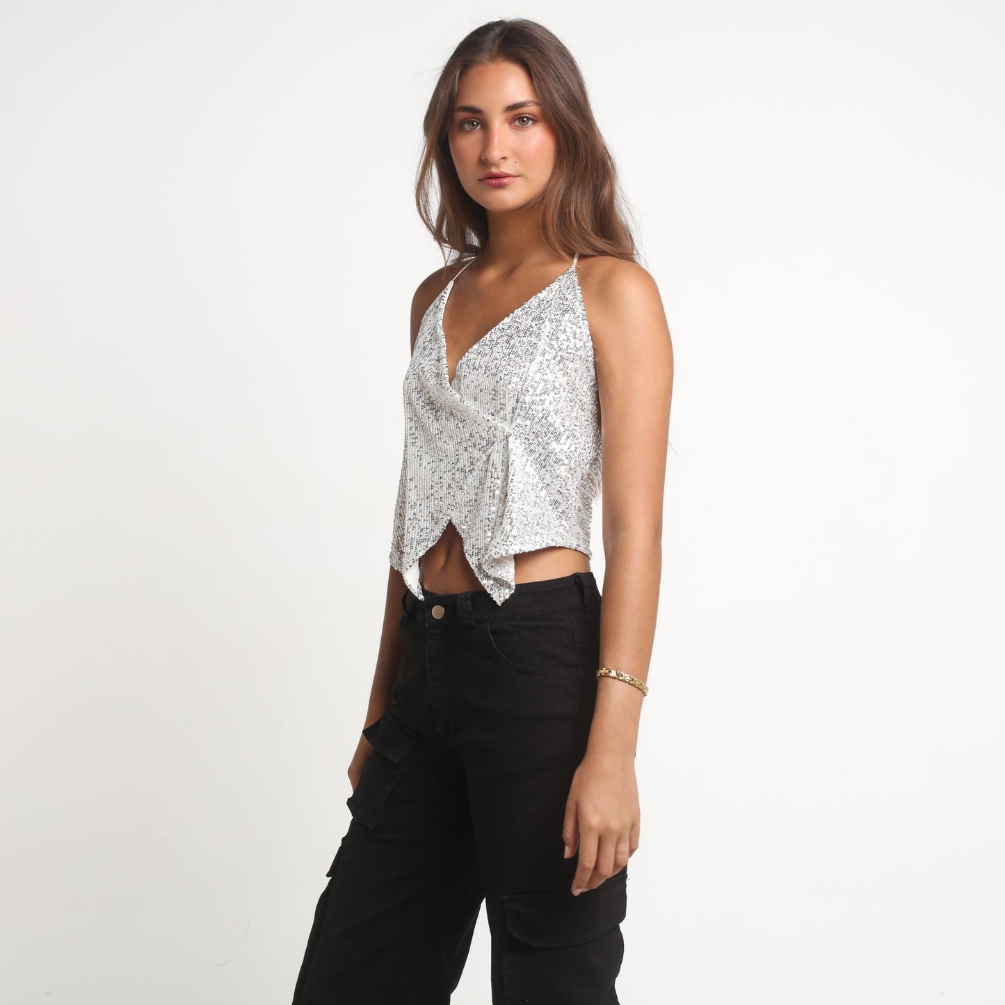 Crop Top Blanco Lentejuelas Cruzado | Coni - MQM