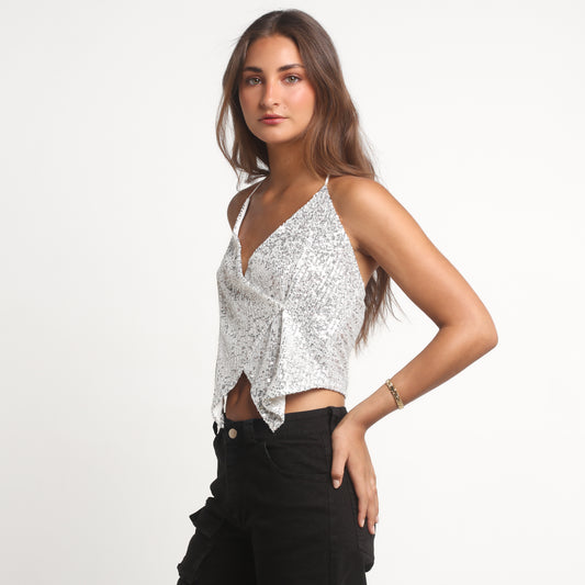 Crop Top Blanco Lentejuelas Cruzado | Coni - MQM