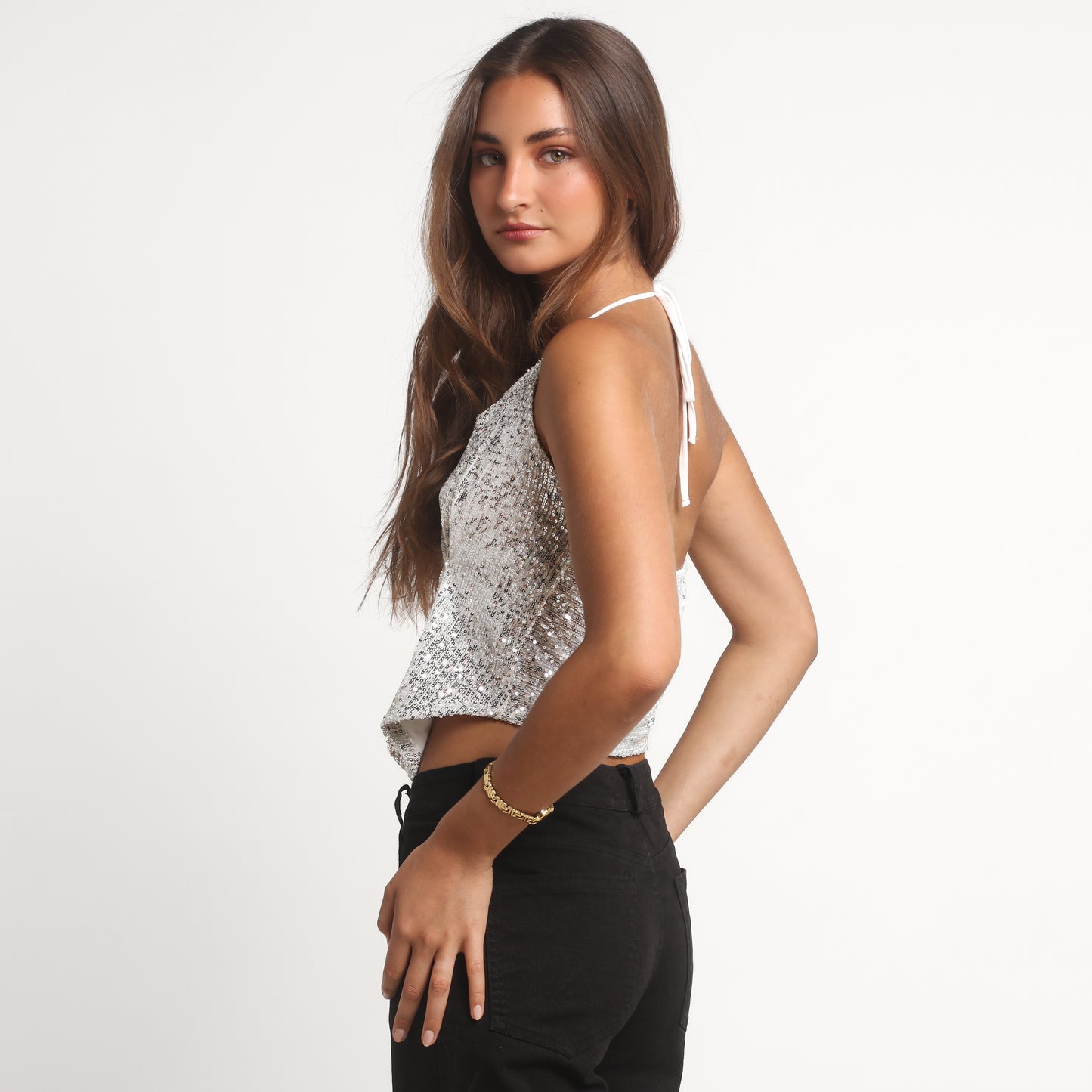 Crop Top Blanco Lentejuelas Cruzado | Coni - MQM