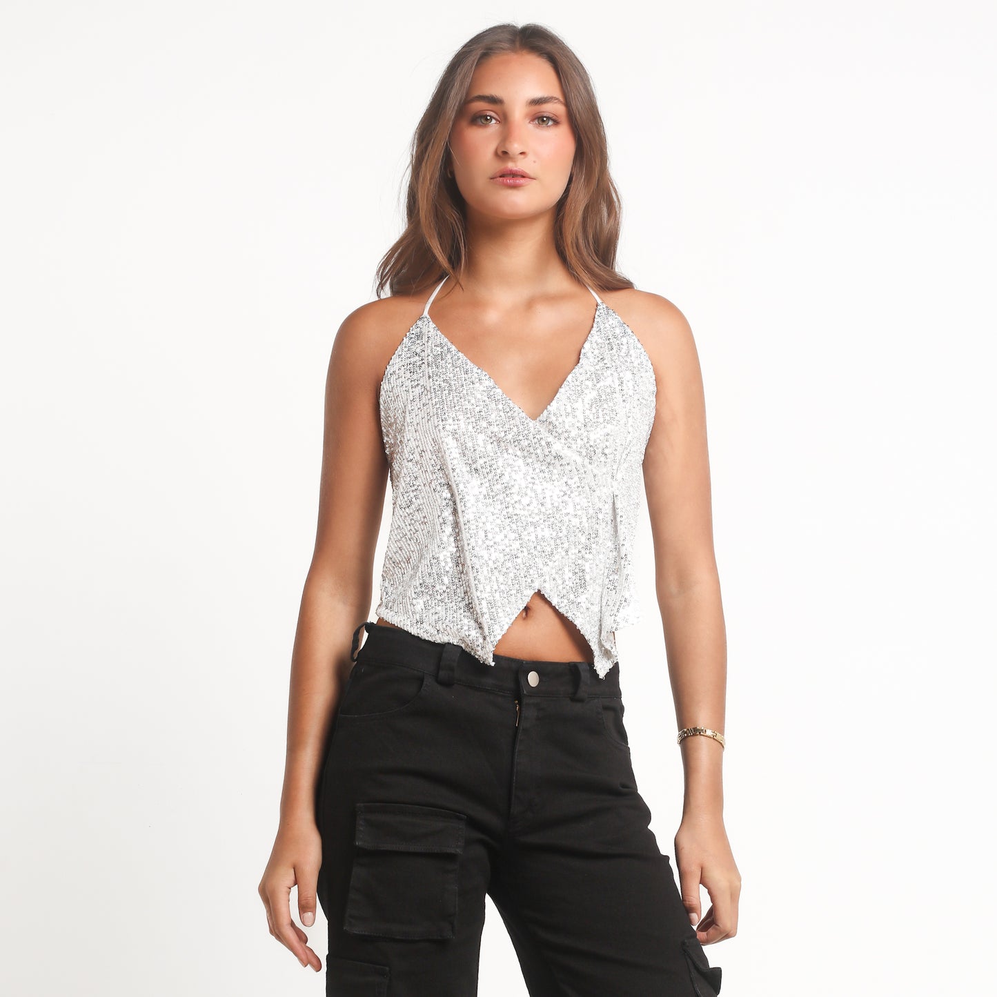 Crop Top Blanco Lentejuelas Cruzado | Coni - MQM