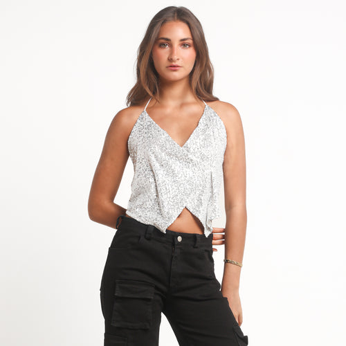 Crop Top Blanco Lentejuelas Cruzado | MQM