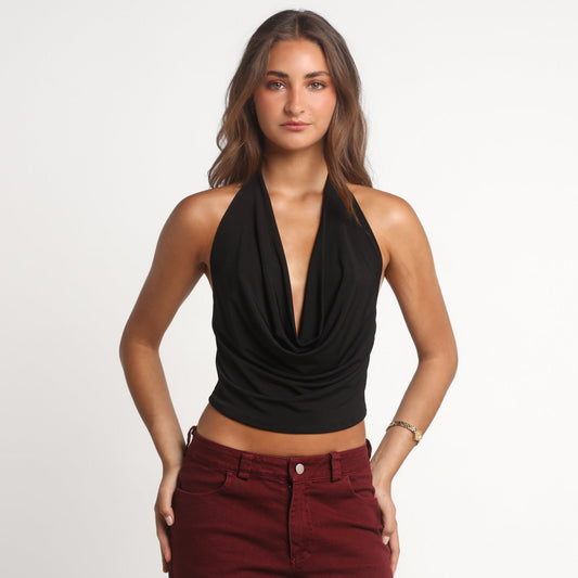 Crop Top Negro Escote Drapeado Sin Mangas de Tela Elasticada | Irene - MQM