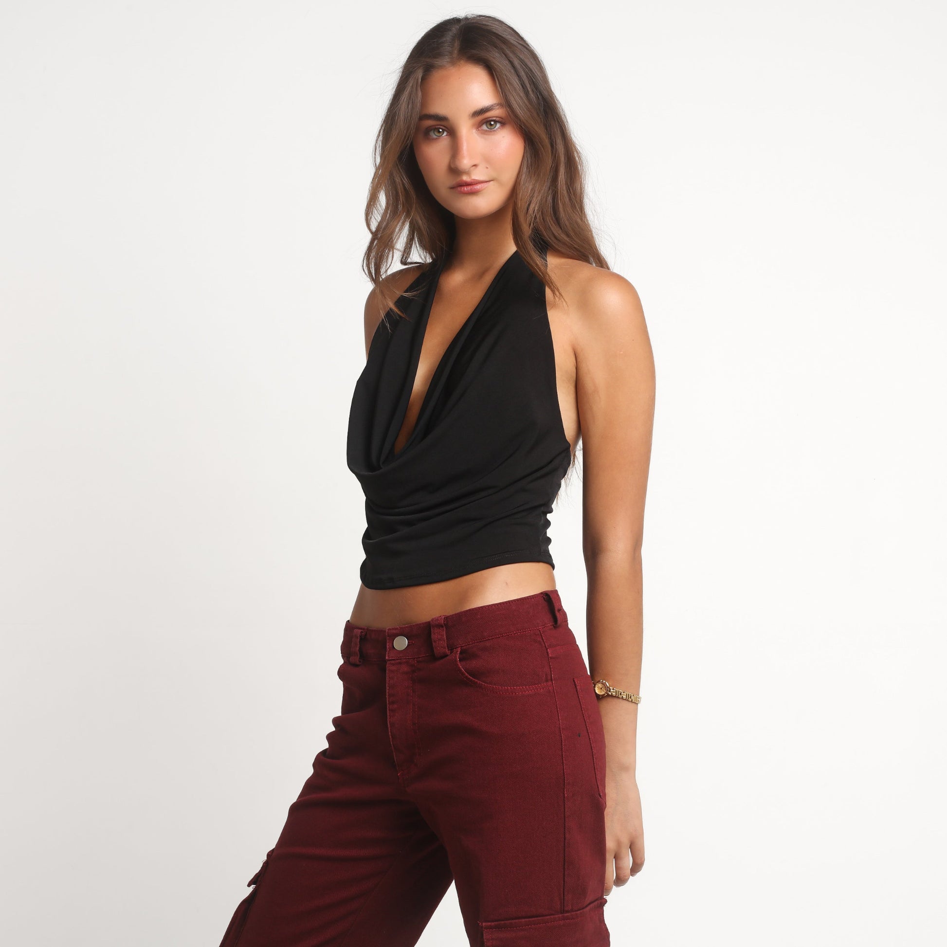 Crop Top Negro Escote Drapeado Sin Mangas de Tela Elasticada | Irene - MQM