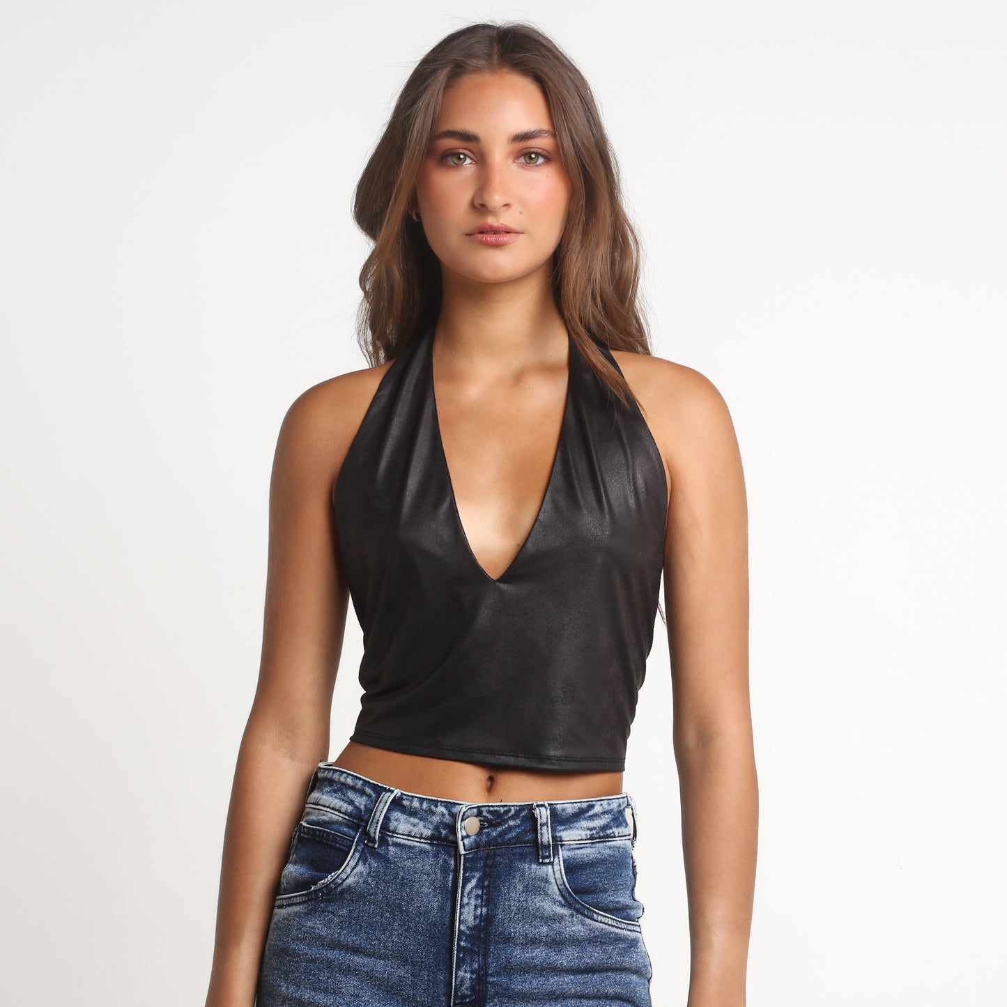 Crop Top Negro Escote en V Profundo Engomado | Niza - MQM