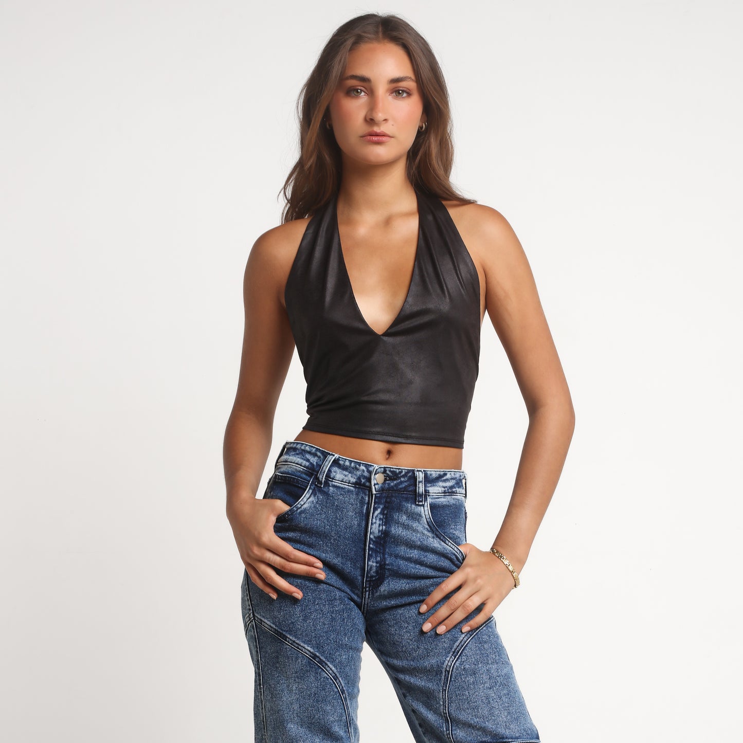 Crop Top Negro Escote en V Profundo Engomado | Niza - MQM