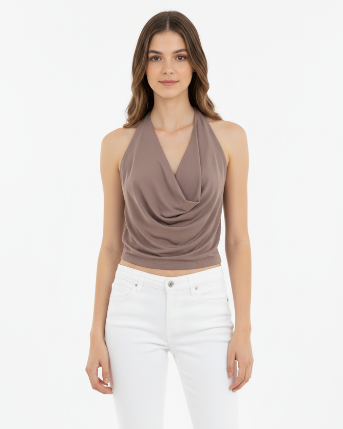 Crop Top Polera Taupe Escote Drapeado Sin Mangas | Irene - MQM