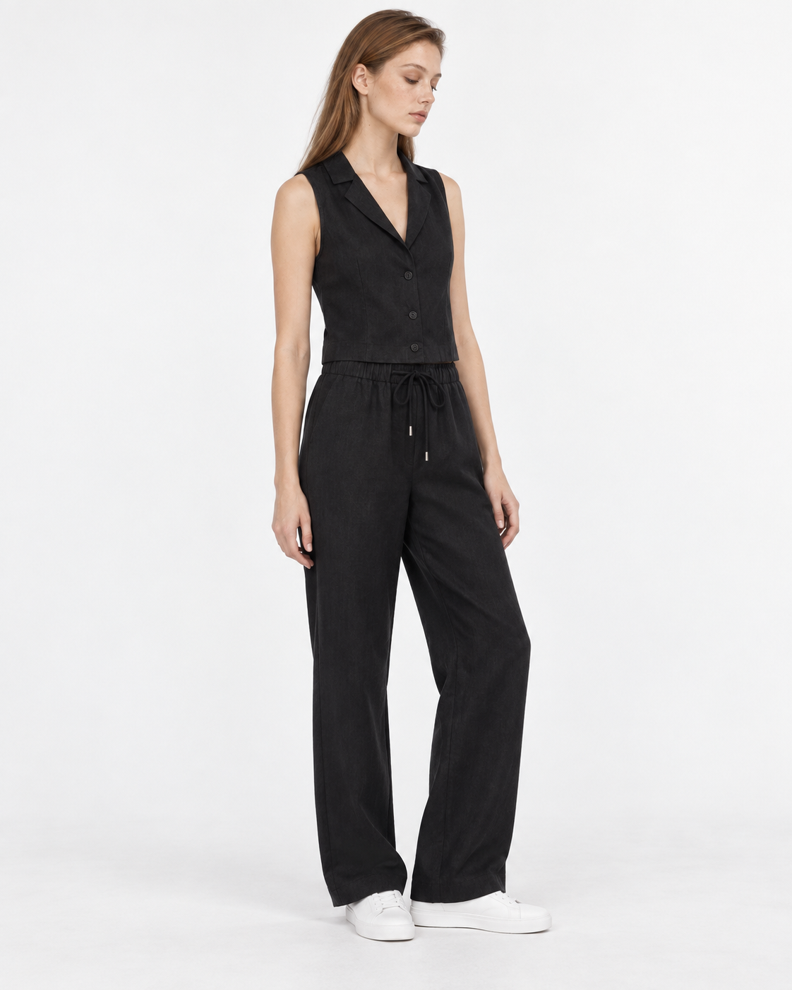 Gilet lino negro Amapola, tres cuartos