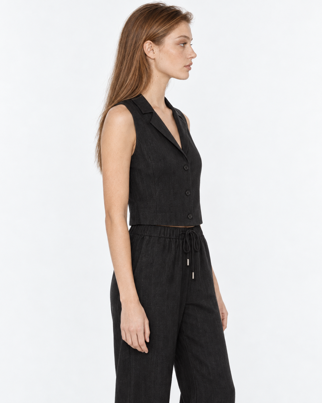 Gilet lino negro Amapola, perfil