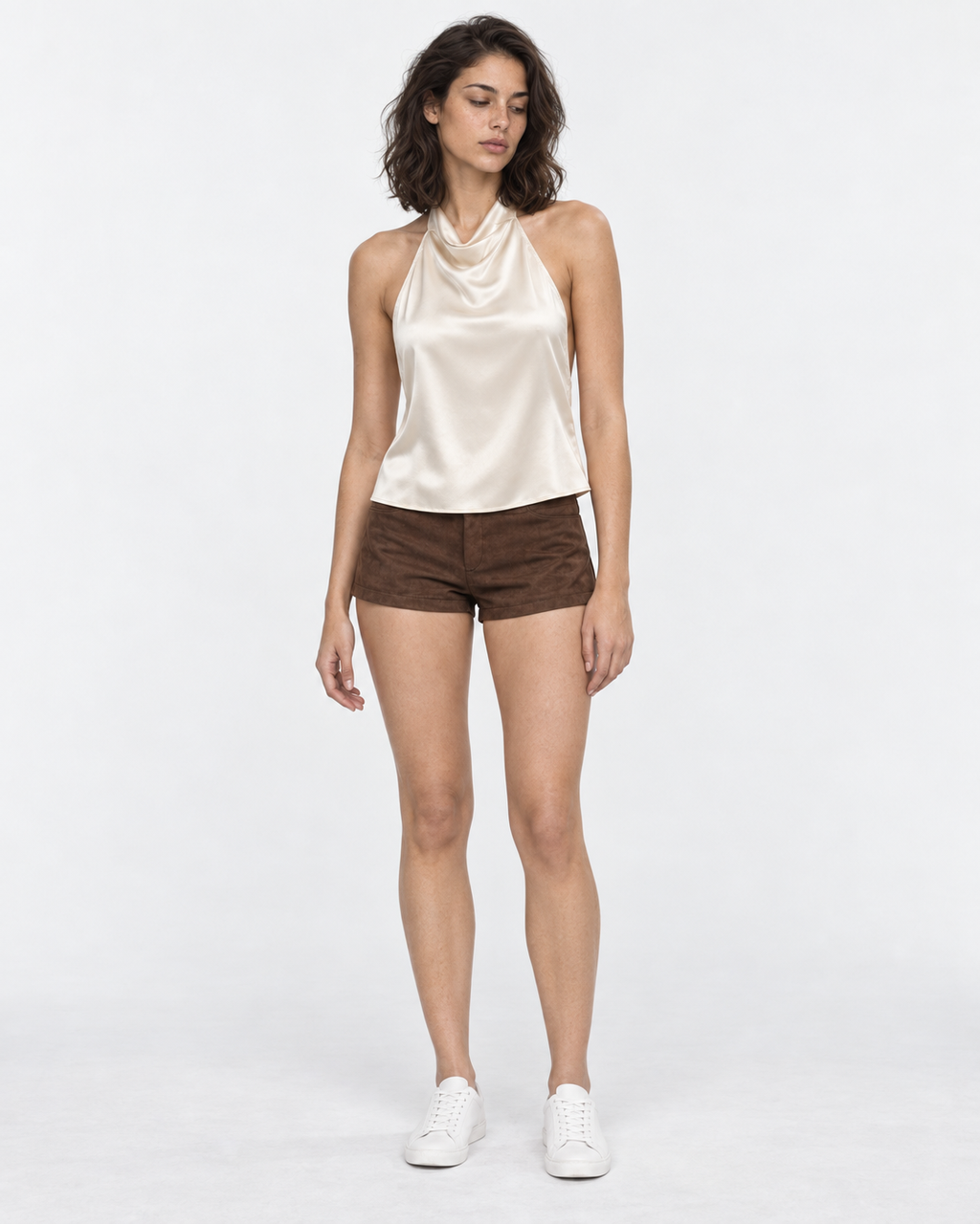 Blusa halter satín blanca Laura, frente