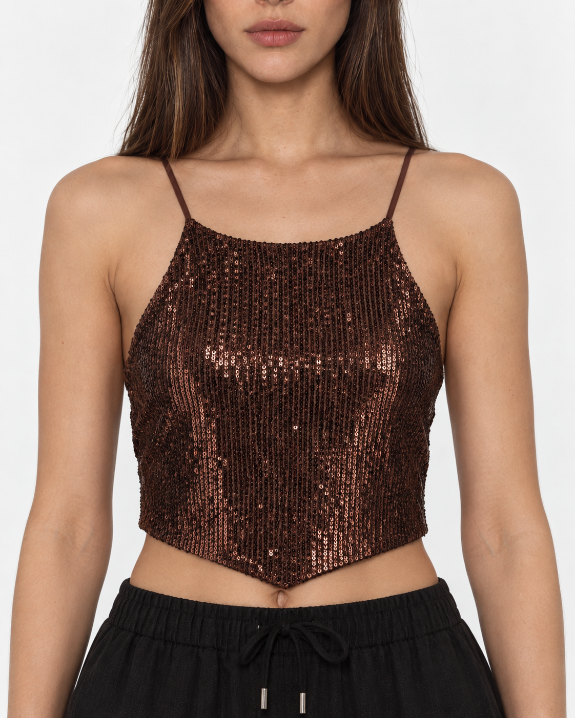 Crop top halter lentejuelas café espalda con amarra Ibiza