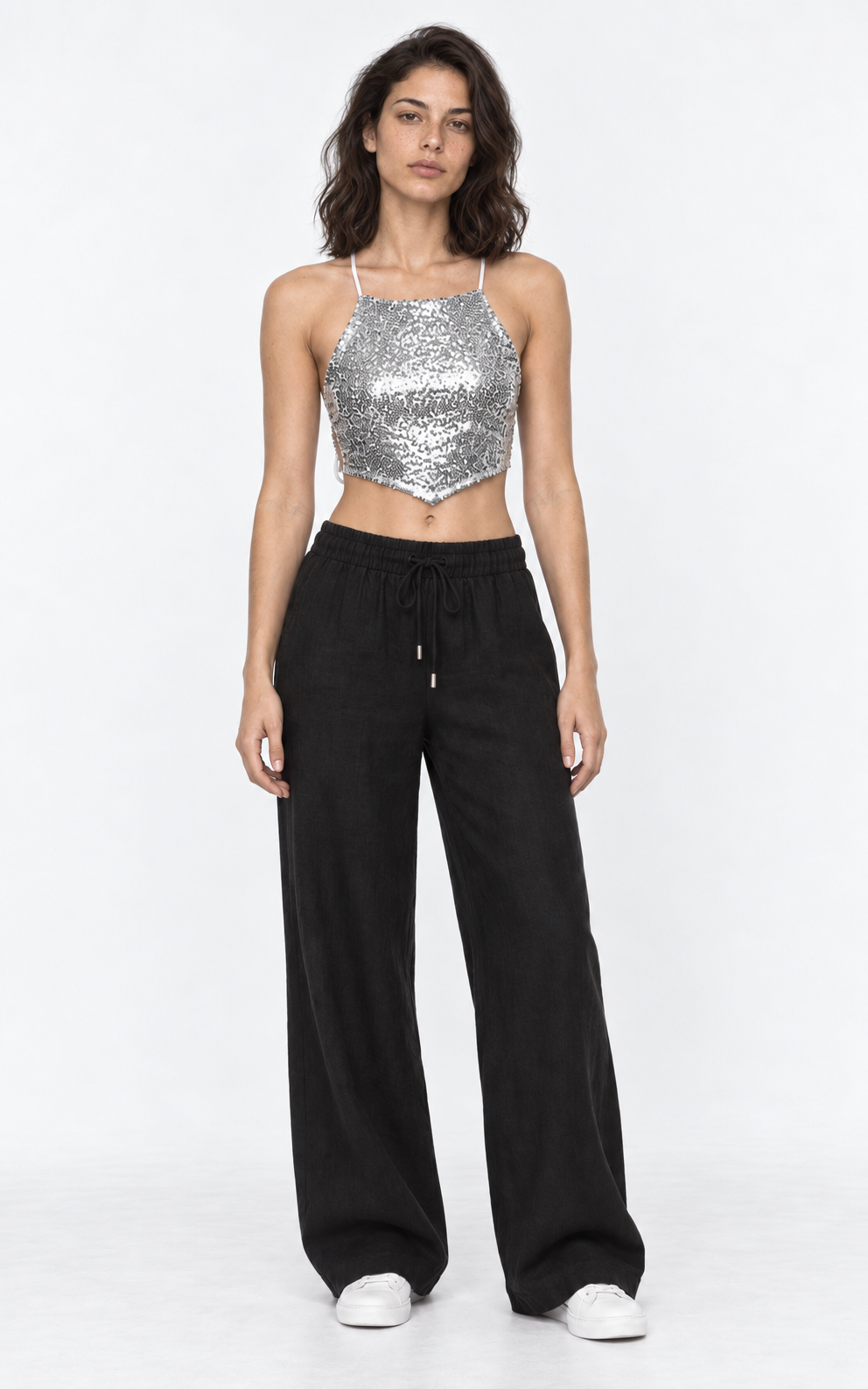 Crop top lentejuelas plateado halter