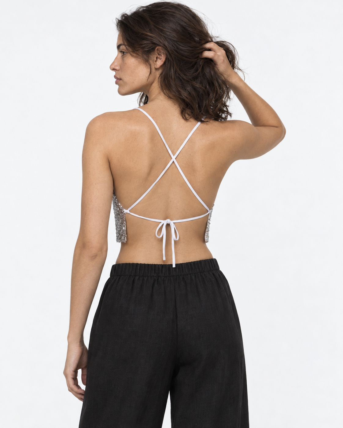 Crop top lentejuelas plateado halter