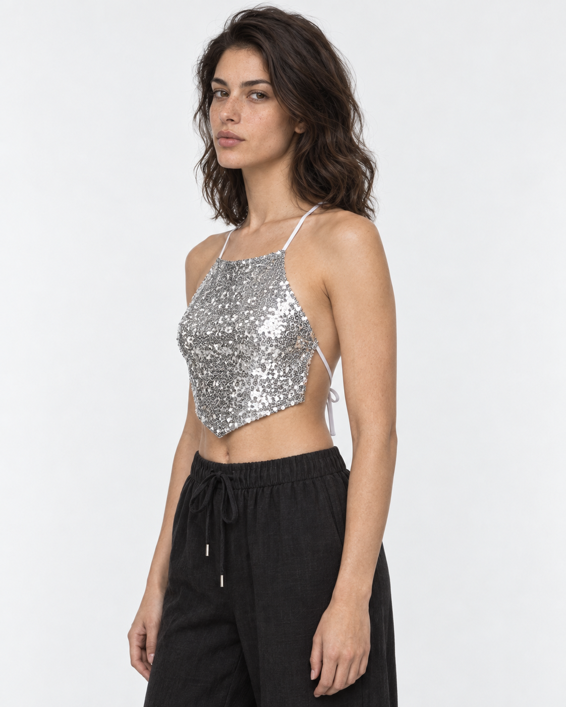 Crop top lentejuelas plateado halter