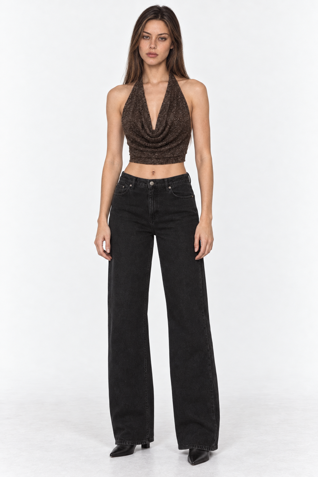 Crop top chocolate drapeado sin mangas brillos Irene