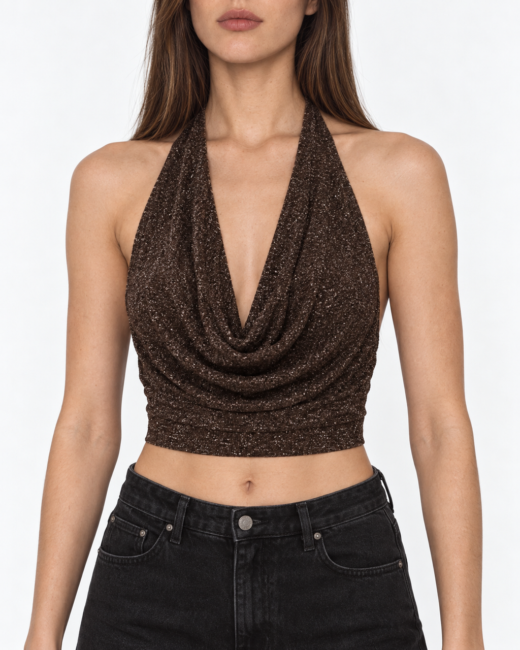 Crop top chocolate drapeado sin mangas brillos Irene