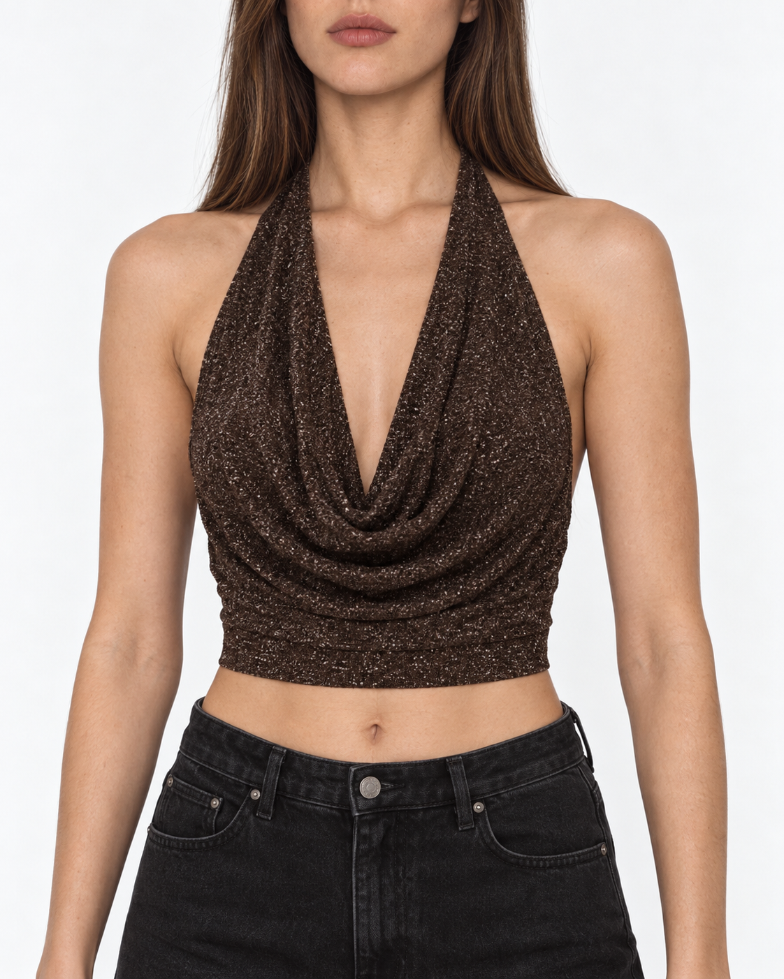 Crop top chocolate drapeado sin mangas brillos Irene