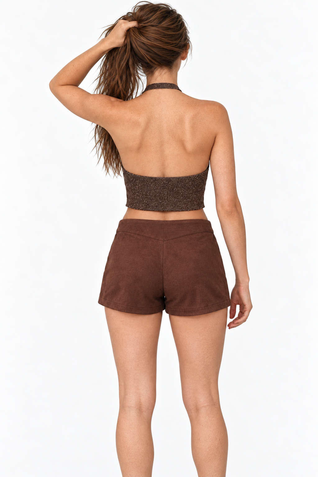 Crop top halter café brillante con punta Ángela
