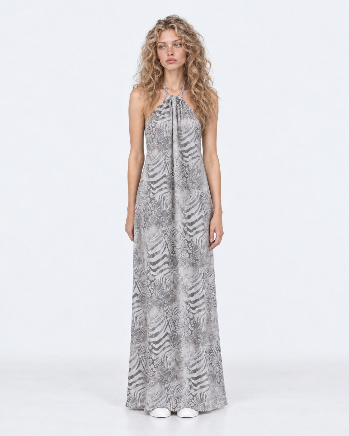 Vestido largo animal print halter espalda descubierta, frente | MQM