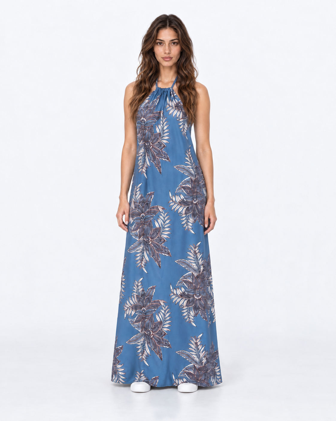 Vestido largo halter azul estampado botánico Araucaria, frente | MQM