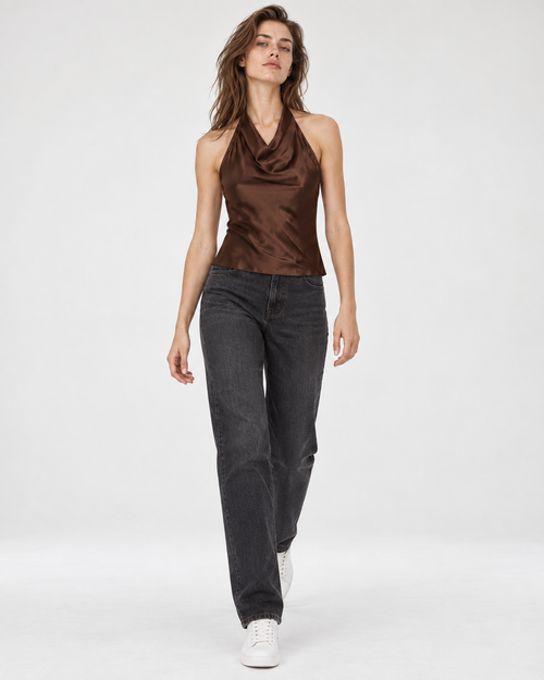 Blusa café halter satín sin espalda Laura | MQM
