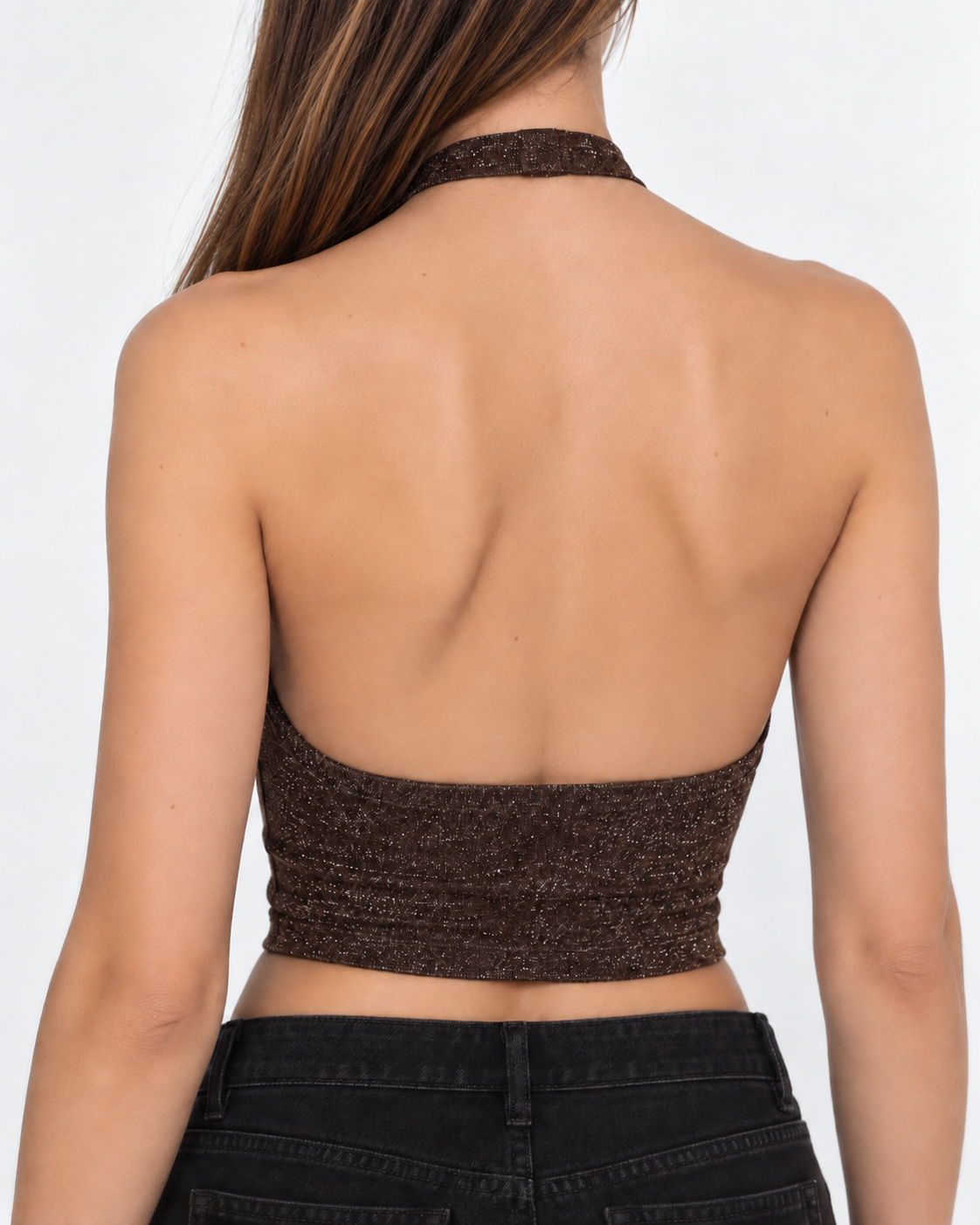 Crop top chocolate drapeado sin mangas brillos Irene