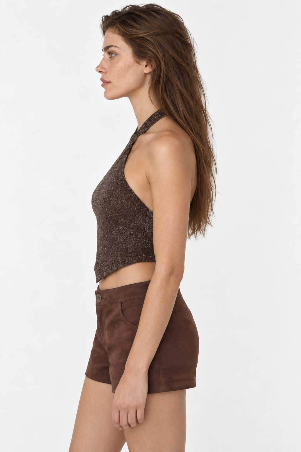 Crop top halter café brillante con punta Ángela