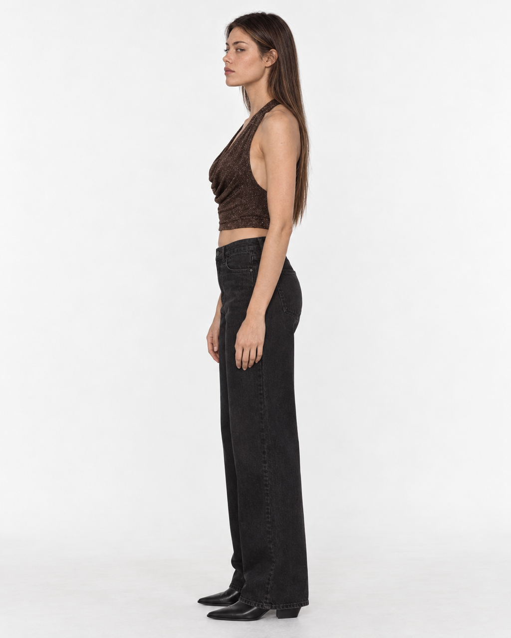 Crop top chocolate drapeado sin mangas brillos Irene