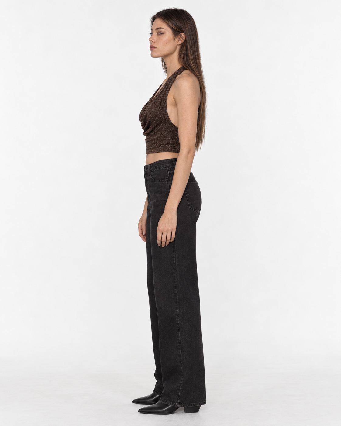 Crop top chocolate drapeado sin mangas brillos Irene