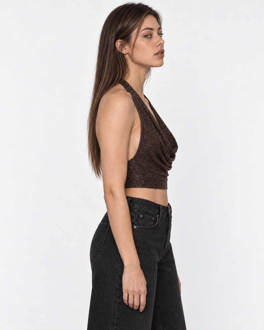 Crop top chocolate drapeado sin mangas brillos Irene