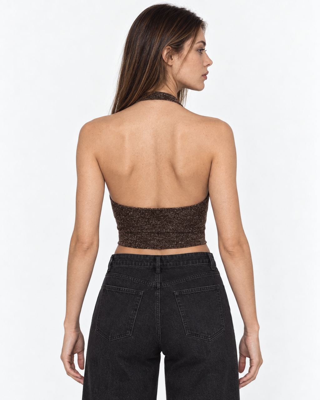 Crop top chocolate drapeado sin mangas brillos Irene