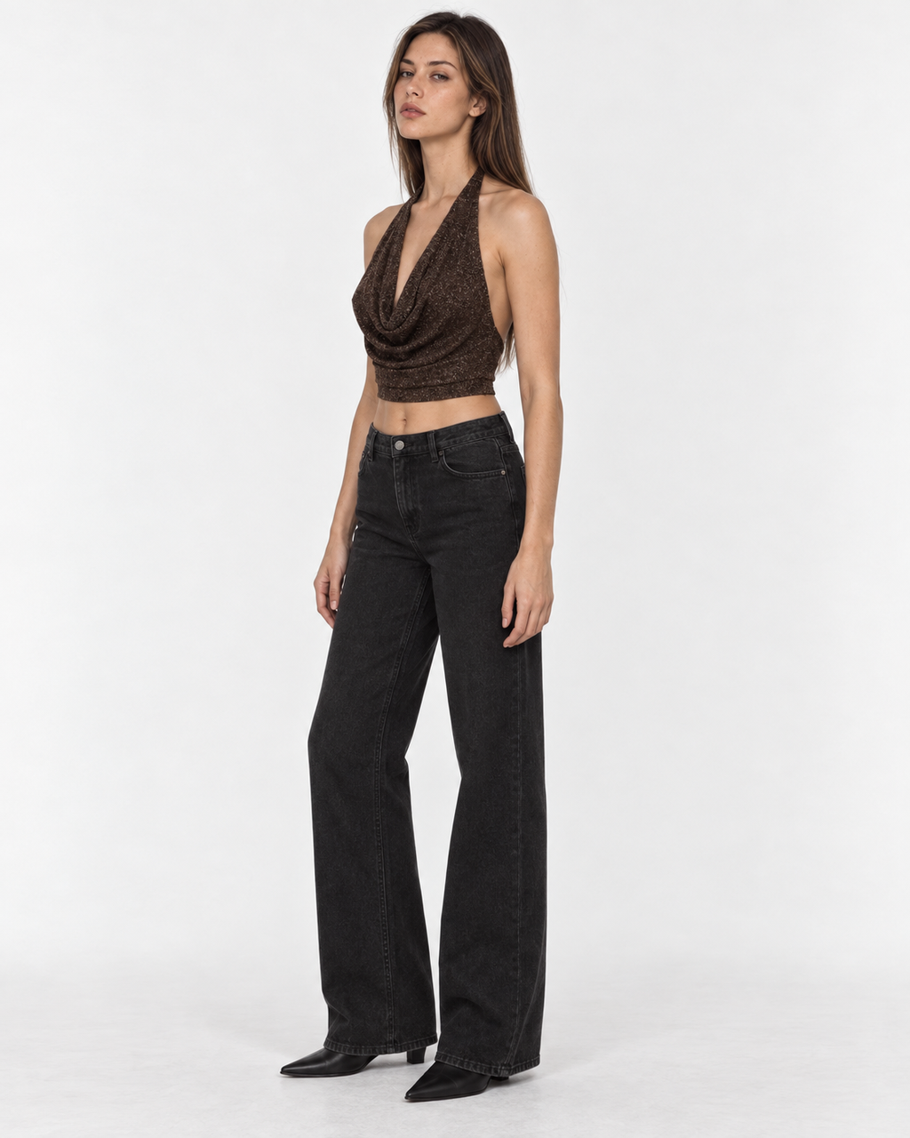 Crop top chocolate drapeado sin mangas brillos Irene