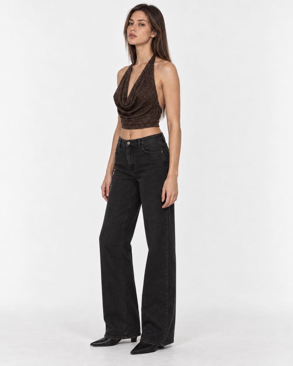 Crop top chocolate drapeado sin mangas brillos Irene