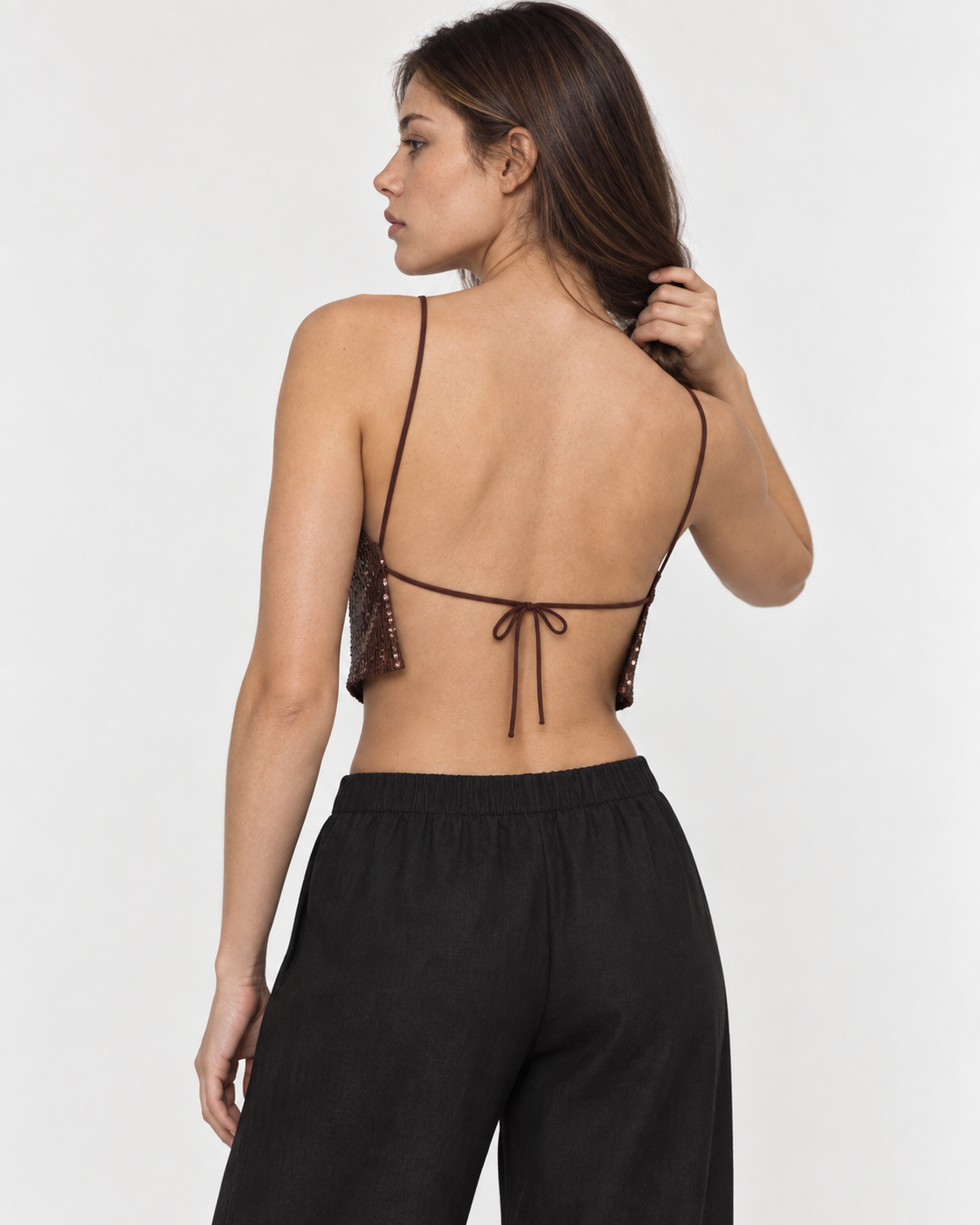 Crop top halter lentejuelas café espalda con amarra Ibiza